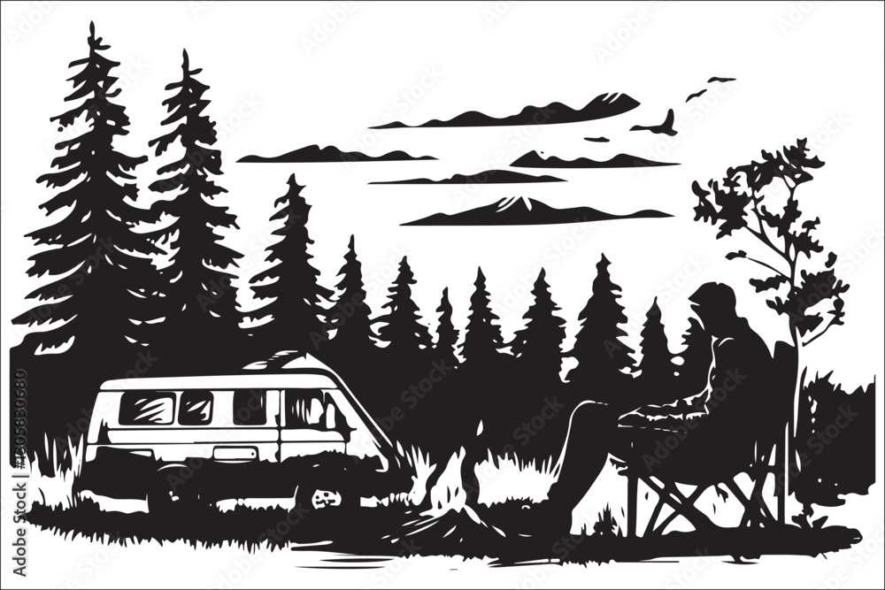 Obraz premium Vintage Outdoor Camping Artwork – Man Relaxing by Fire with Horses in Pine Woods