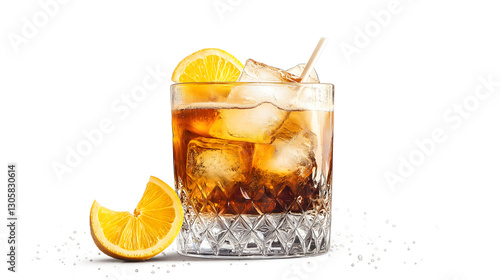 A glass of drink with ice and a slice of orange on the side. The drink is a cocktail and the glass is a tall one