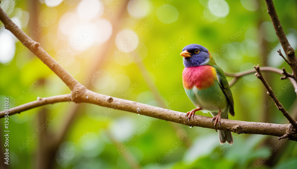 Colorful bird perched on a branch in a lush green background Colorful bird perched on a branch in a lush green background