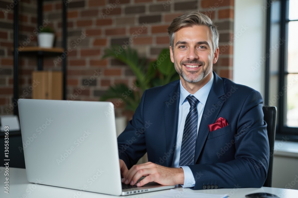 Smiling Middle-Aged Caucasian Man in a Dark Suit Working on Laptop in Modern Office Space with Brick Wall and Greenery Smiling Middle-Aged Caucasian Man in a Dark Suit Working on Laptop in Modern Office Space with Brick Wall and Greenery