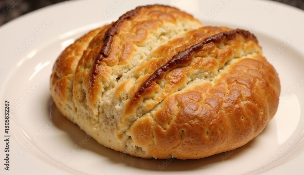 Crusty bread on a white plate with a warm, inviting appearance Crusty bread on a white plate with a warm, inviting appearance