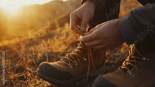 A close-up of hands tying shoelaces on hiking boots during a golden hour sunset.