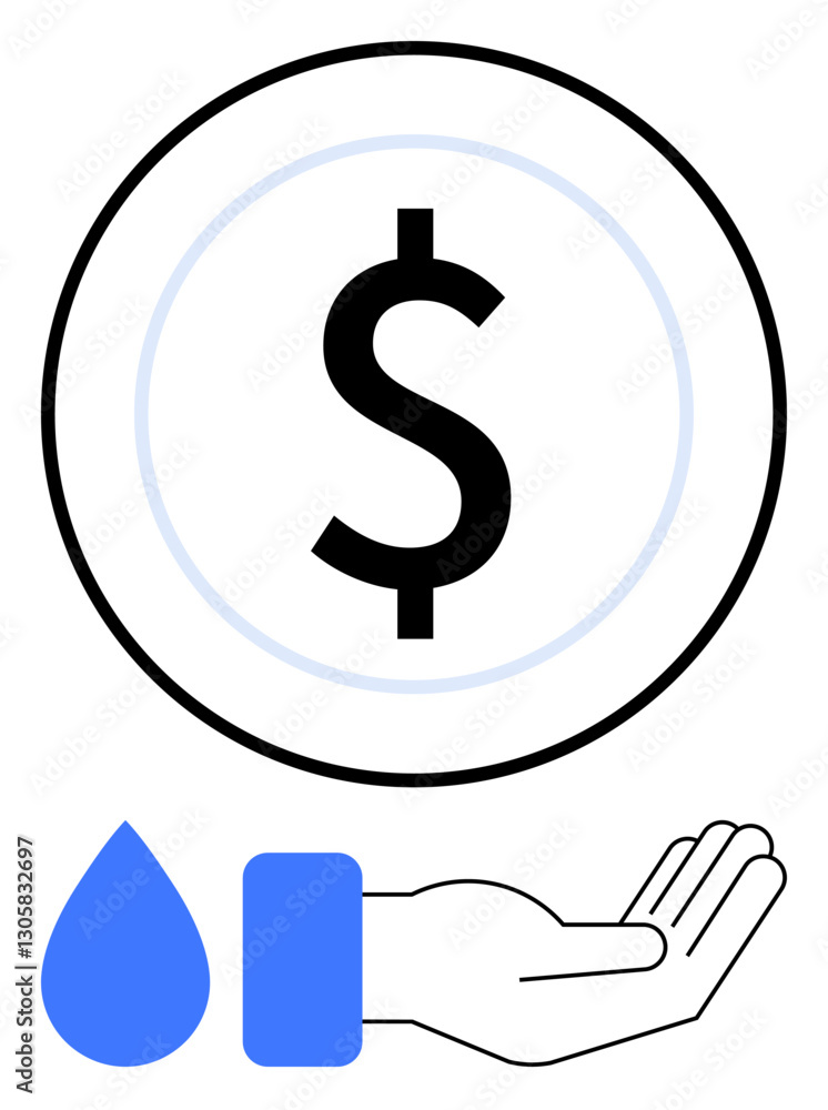 Hand extended under water drop and coin, representing financial savings, resource conservation, eco-friendly management. Ideal for budgeting, sustainability, economy, philanthropy, water Hand extended under water drop and coin, representing financial savings, resource conservation, eco-friendly management. Ideal for budgeting, sustainability, economy, philanthropy, water