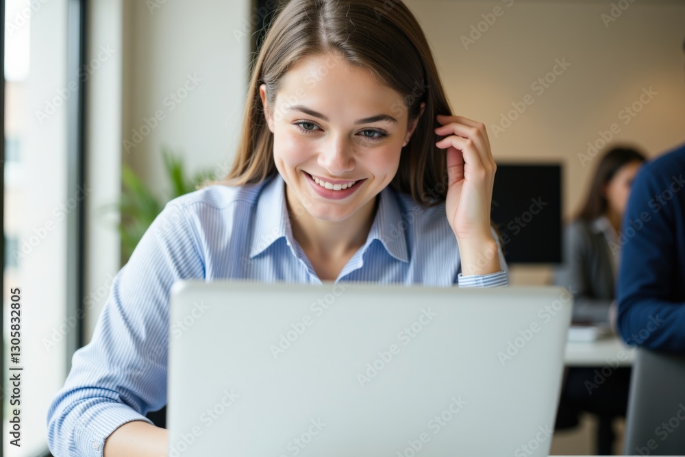 Young Caucasian Female Professional Engaged in Online Work at a Modern Office, With a Bright Smile and Focused Attitude Towards Her Laptop Young Caucasian Female Professional Engaged in Online Work at a Modern Office, With a Bright Smile and Focused Attitude Towards Her Laptop