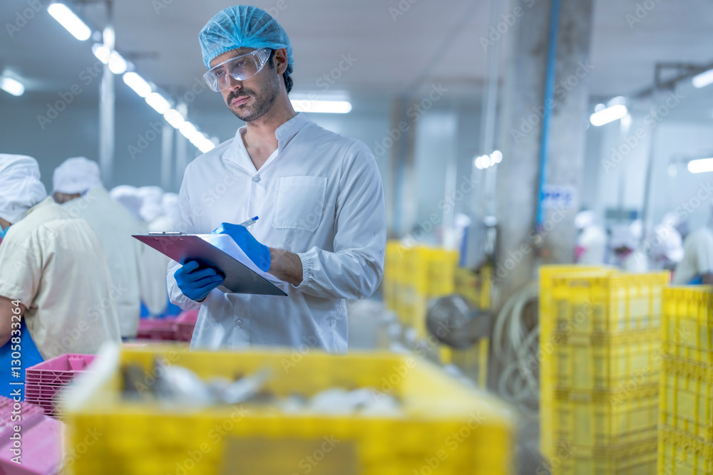 A supervisor in a food processing plant wearing protective gear, inspecting a fish while holding a clipboard, emphasizing quality control, hygiene, and safety in the seafood production process. A supervisor in a food processing plant wearing protective gear, inspecting a fish while holding a clipboard, emphasizing quality control, hygiene, and safety in the seafood production process.