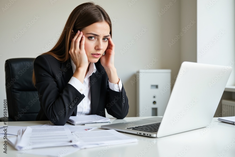 Stressed Female Professional in Business Attire Working on a Laptop in a Modern Office Environment Surrounded by Papers and Documents Stressed Female Professional in Business Attire Working on a Laptop in a Modern Office Environment Surrounded by Papers and Documents