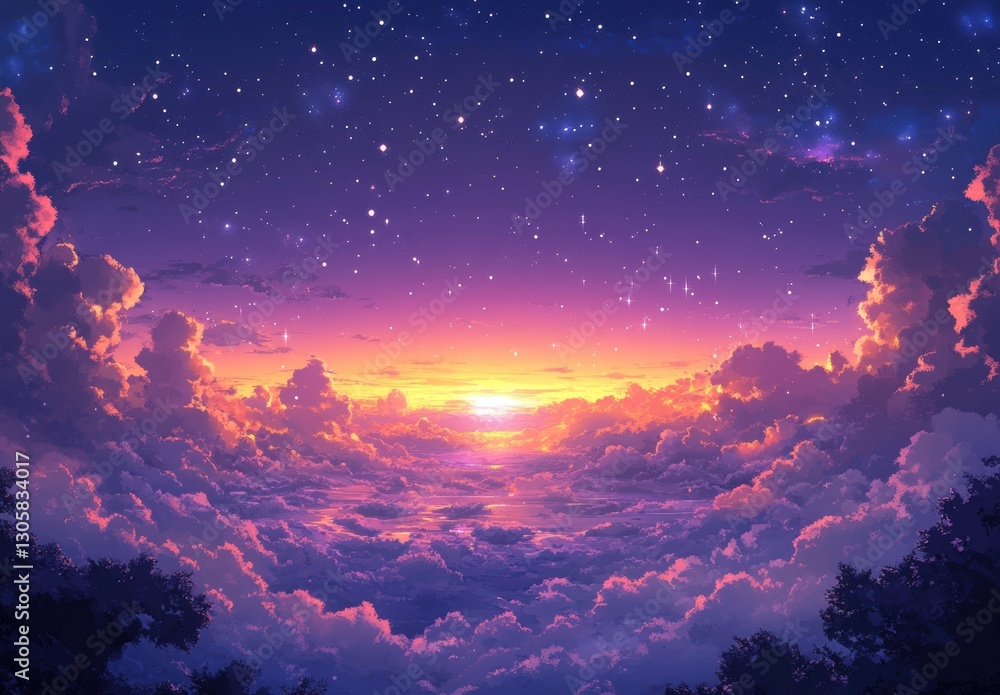 Naklejka premium Majestic Sunset Over Tranquil Clouds Reflecting Vibrant Colors in a Dreamy Night Sky Filled with Twinkling Stars and Soft Glowing Light