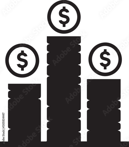  Business Icons, money signs, money silhouette collection, wallet with cards icon, coin silhouette icon, growth chart, moneybag or stash icon, piggy bank flat style stock vector, finance icons.
