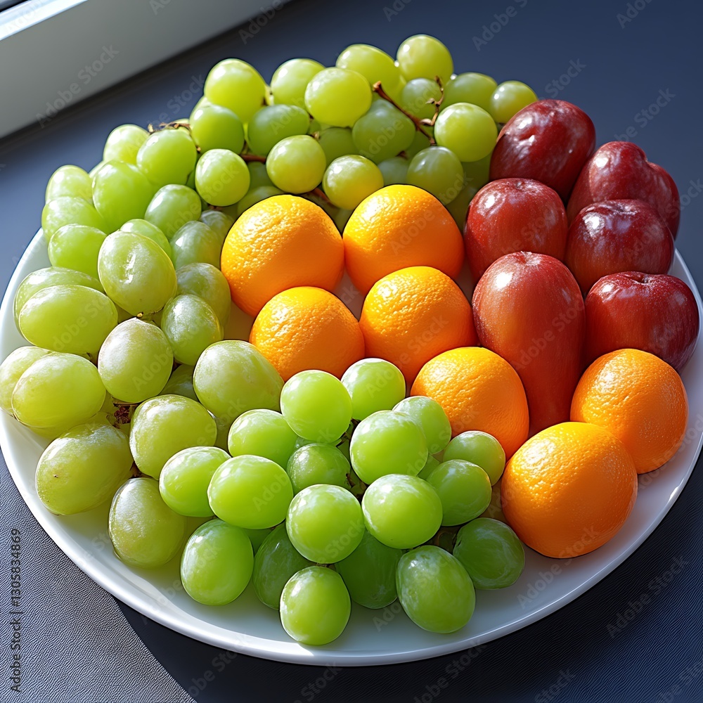Sunlit fruit platter, grapes, oranges, plums, kitchen, healthy snack