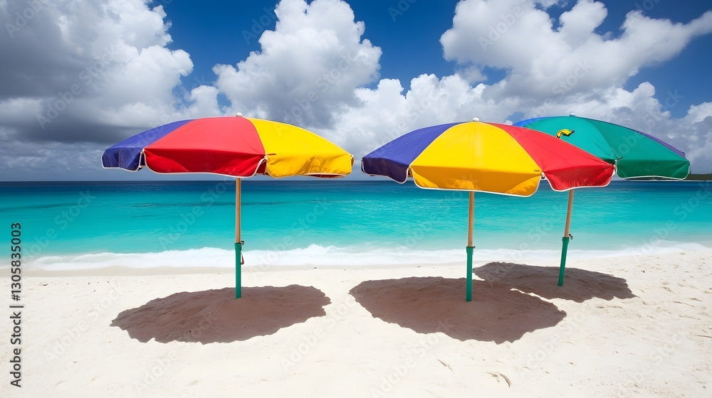 Vibrant Beach Umbrellas on Tropical Sandy Shore Vibrant Beach Umbrellas on Tropical Sandy Shore