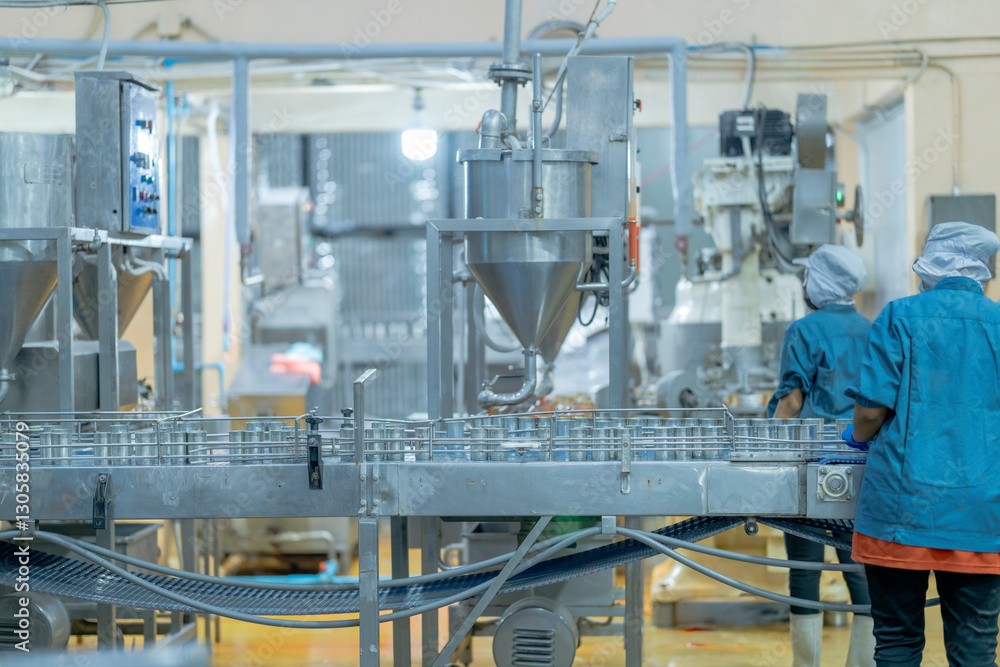 Industrial food production line with a worker ensuring process accuracy and safety Focus on automated systems precision and manufacturing hygiene. Industrial food production line with a worker ensuring process accuracy and safety Focus on automated systems precision and manufacturing hygiene.
