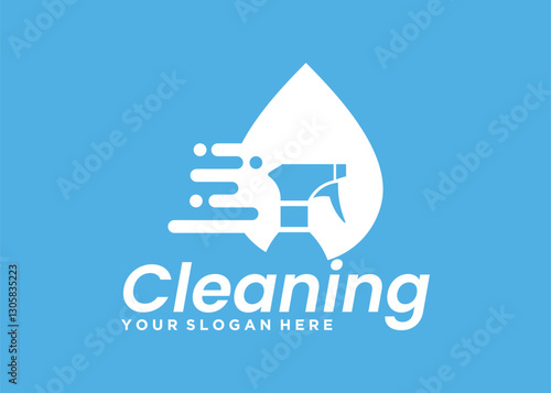 Cleaning service design with spray bottle and water drops isolated on blue background