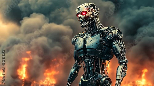 A metallic robot with glowing red eyes standing in a fiery, smoky apocalyptic landscape.