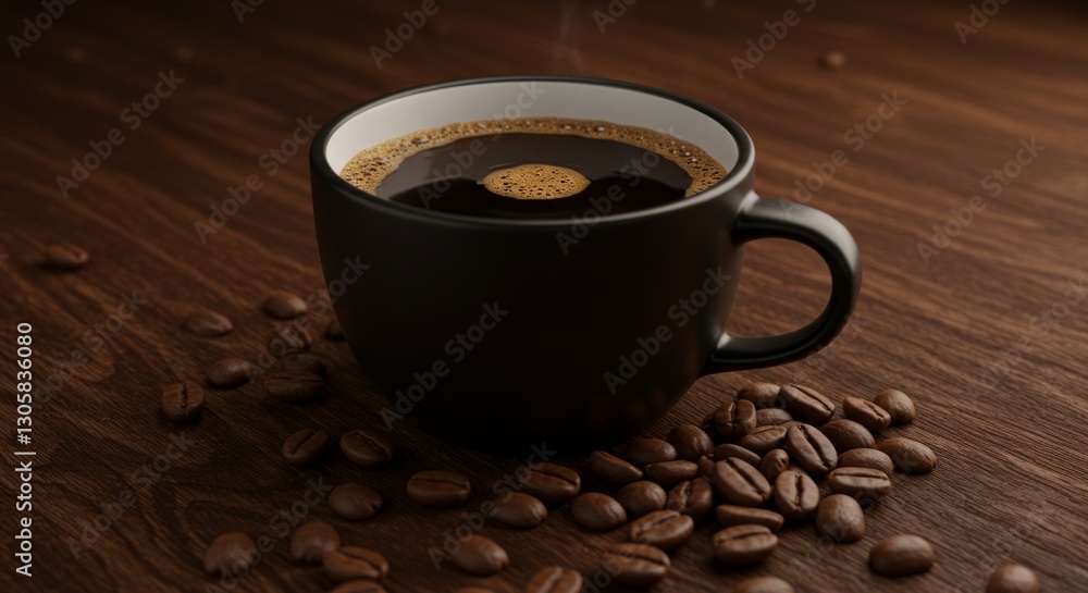 Fototapeta premium Black Cup and Beans on Wooden Table