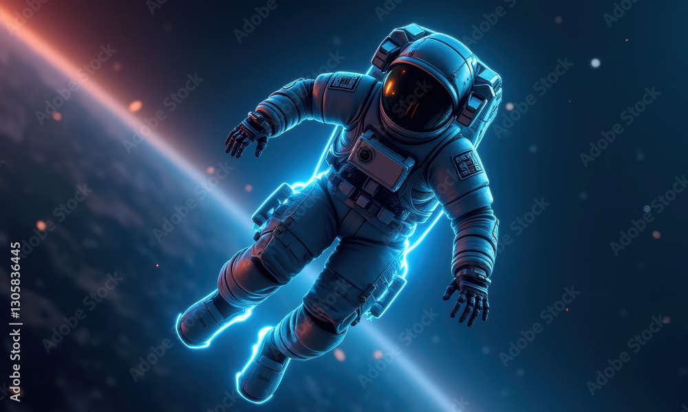 Fototapeta premium Astronaut in Space, Neon Glow, 3D Render - Neon Effects