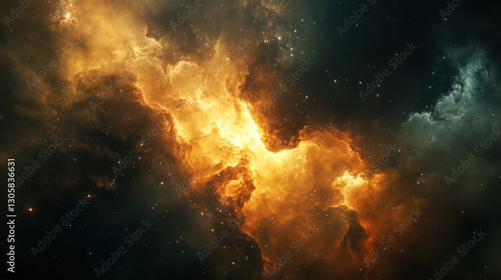 Fototapeta premium A mesmerizing interstellar cloud formation, drifting cosmic dust illuminated by the radiant glow of hidden stars, intricate layers of color and texture forming a grand cosmic landscape