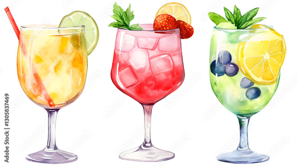 Three colorful drinks in glasses with straws in them. The drinks are in a row and are different colors Three colorful drinks in glasses with straws in them. The drinks are in a row and are different colors