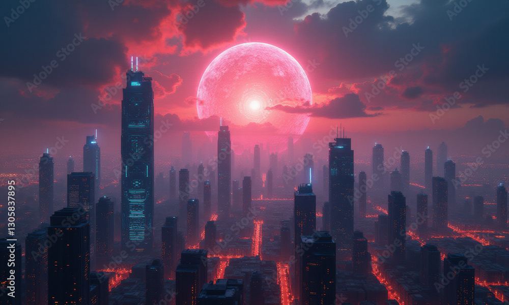 Fototapeta premium Cyberpunk Cityscape, Red Moon, Futuristic - Cyberpunk