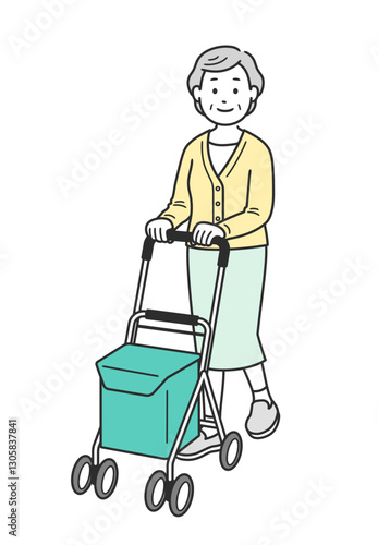 シルバーカーを押して歩く高齢女性の全身イラスト