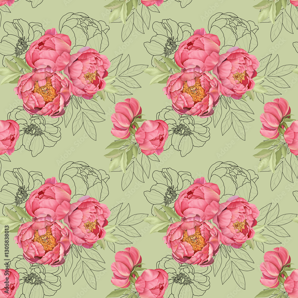 Seamless pattern with pink peonies Seamless pattern with pink peonies