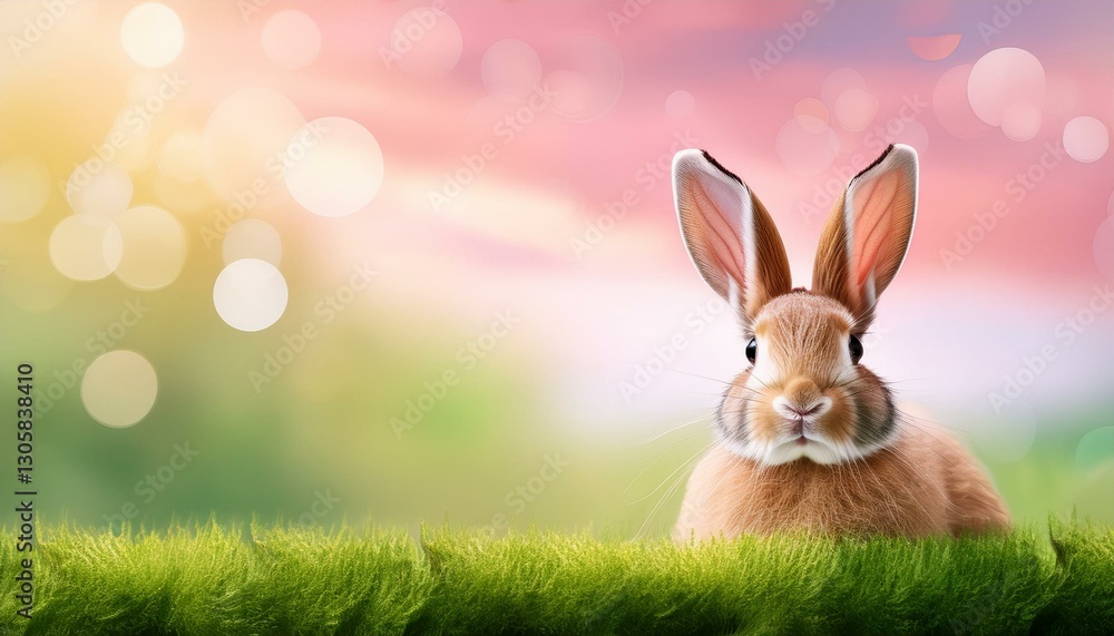 easter rabbit with cute bunny ears over a pastel pink bokeh sky behind a green background with room for copy space easter rabbit with cute bunny ears over a pastel pink bokeh sky behind a green background with room for copy space