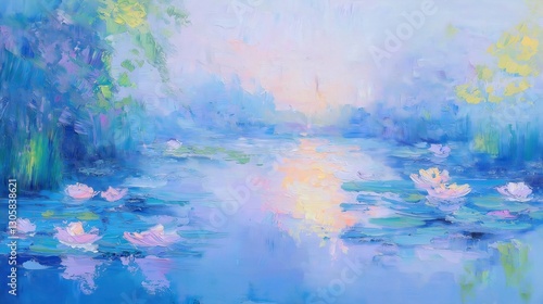 A picturesque pond with floating water lilies and shimmering reflections of sunlight, creating a peaceful and artistic composition
