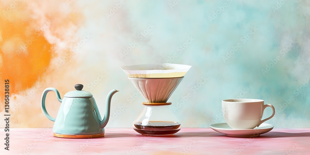 Brewing Coffee With a Teal Kettle and White Cup Against a Colorful Abstract Background Brewing Coffee With a Teal Kettle and White Cup Against a Colorful Abstract Background