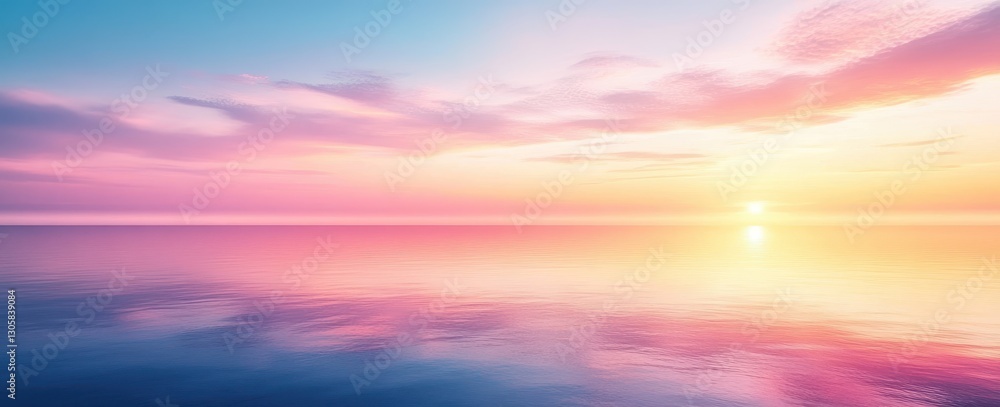 Fototapeta premium Serene Sunset Over Calm Ocean Waters with Soft Pastel Colors Reflecting in the Water Creating a Dreamy and Tranquil Atmosphere