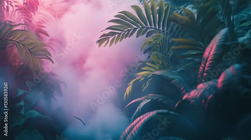 Misty Jungle with Lush Greenery and Tropical Plants