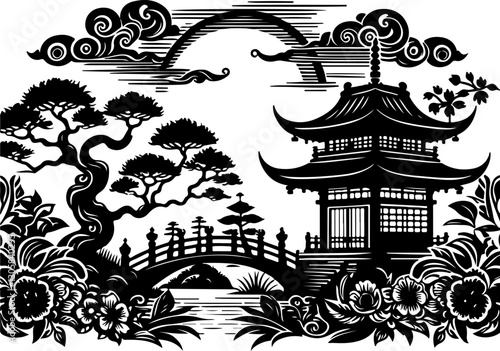 sketch vector illustration silhouette design poster painting decoration traditional ethnic classic vintage china and japan  