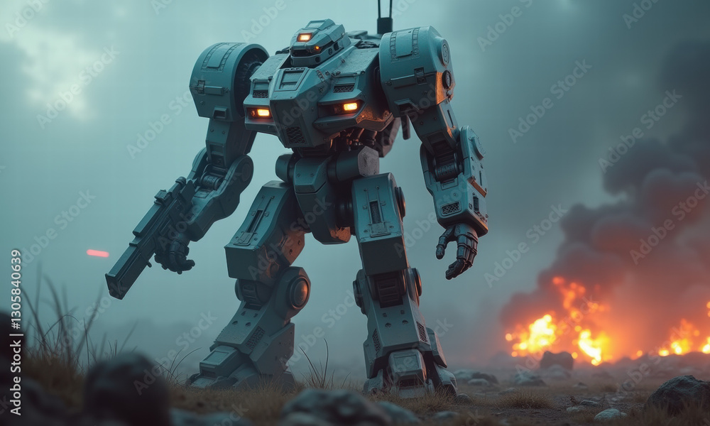 Fototapeta premium Futuristic Mech Robot in War Zone - Sci-fi/Cyberpunk: The image str.