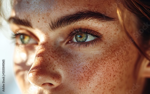 Close-up Portrait of a Woman with Freckles and Striking Green Eyes, Sunlight Illuminates Her Face, Highlighting Her Natural Beauty.