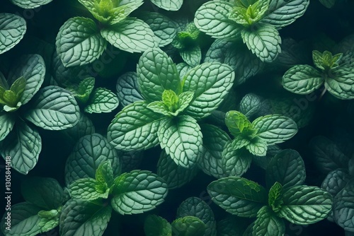 Fresh Mint Leaves Closeup – Vibrant botanical image of fresh mint leaves with natural texture, showcasing their bright green color and distinctive structure in a culinary composition.