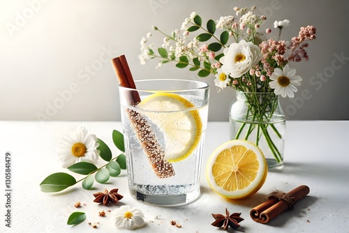 Fresh Citrus Lemonade Still Life - Bright culinary composition featuring fresh lemon drink with ice and mint. The refreshing beverage photography includes citrus slices and natural ingredients.
