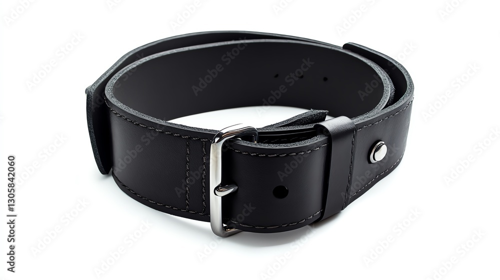 Black Leather Belt With Silver Buckle Displayed on a White Background in a Well-Lit Setting Black Leather Belt With Silver Buckle Displayed on a White Background in a Well-Lit Setting