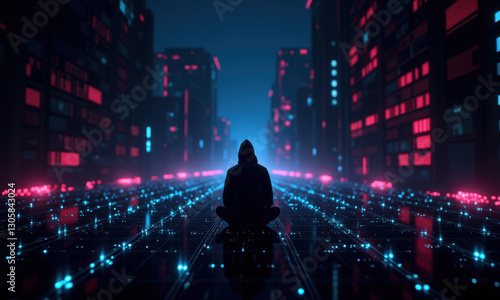 Hacker in Neon Cyberpunk Cityscape - Cyberpunk