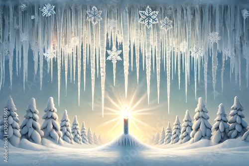 Winter Ice Crystal Fantasy Landscape - Ethereal winter landscape with glowing ice crystals and mystical light rays, showcasing frozen beauty and atmospheric snow effects.