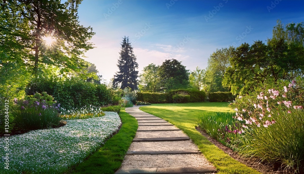 tranquil garden pathway on a sunny day tranquil garden pathway on a sunny day