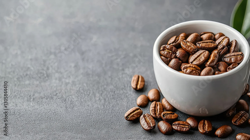 A close-up of coffee beans displayed alongside a green leaf symbolizing freshness and nature photo