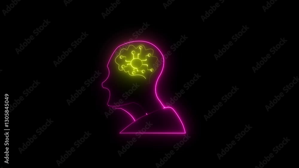 Brain and human head icon, Human head line icon animation. Glowing neon human head on black background. Human head with neon brain emblem, medicine, sign, the part of human body. Brain and human head icon, Human head line icon animation. Glowing neon human head on black background. Human head with neon brain emblem, medicine, sign, the part of human body.