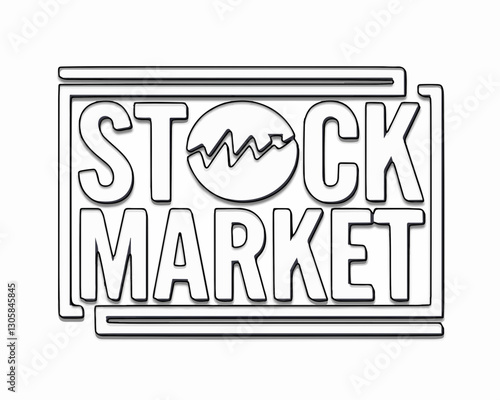 Hand drawn stock market typography with line chart and frame in black outline style isolated on white background perfect for finance news investing education trading apps and business branding