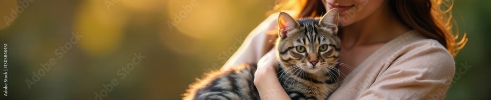 Attractive brunette woman gently holding a cat on her lap with soft focus background, nature, brunette woman