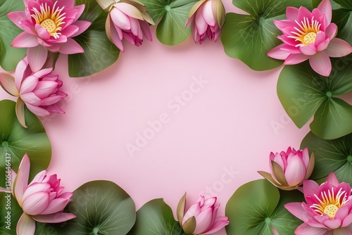 Wallpaper Mural Moldura floral com flor de lótus rosa e folhas verdes vibrantes sobre fundo rosa suave, criada com IA generativa para um design delicado e natural Torontodigital.ca