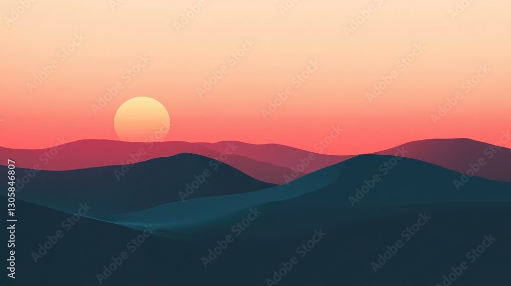An abstract landscape featuring mountains and a setting sun An abstract landscape featuring mountains and a setting sun
