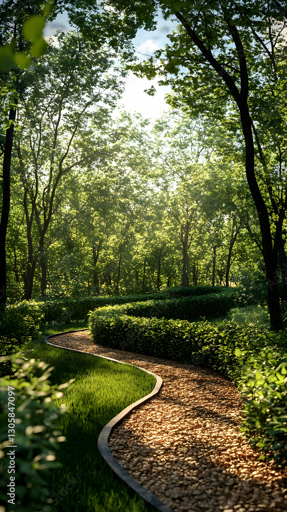 Winding path, sunlit forest, tranquil scene, nature escape Winding path, sunlit forest, tranquil scene, nature escape