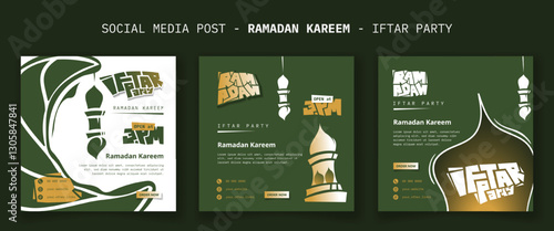 Set of social media post template in green and white background with iftar party typography design
