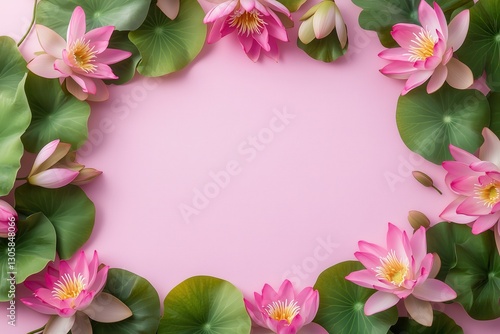 Wallpaper Mural Moldura floral com flor de lótus rosa e folhas verdes vibrantes sobre fundo rosa suave, criada com IA generativa para um design delicado e natural Torontodigital.ca