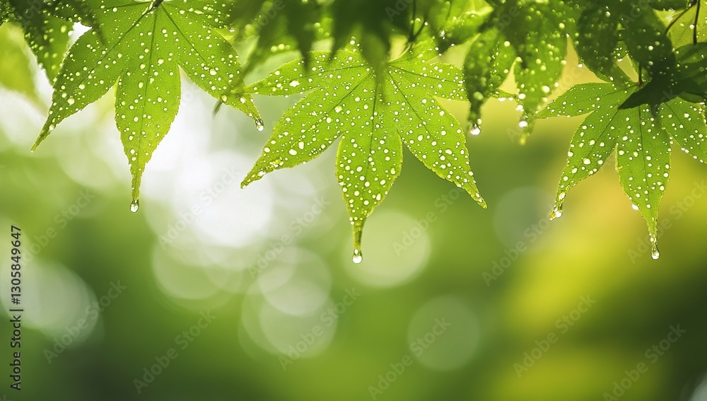 Close-Up of Dew-Covered Green Maple Leaves with Soft Focus Background Close-Up of Dew-Covered Green Maple Leaves with Soft Focus Background