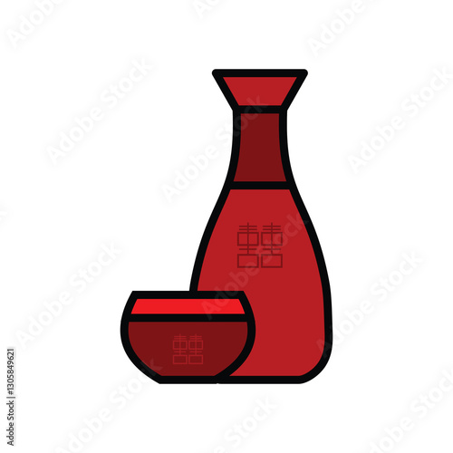 red traditional wine sake bottle with glass