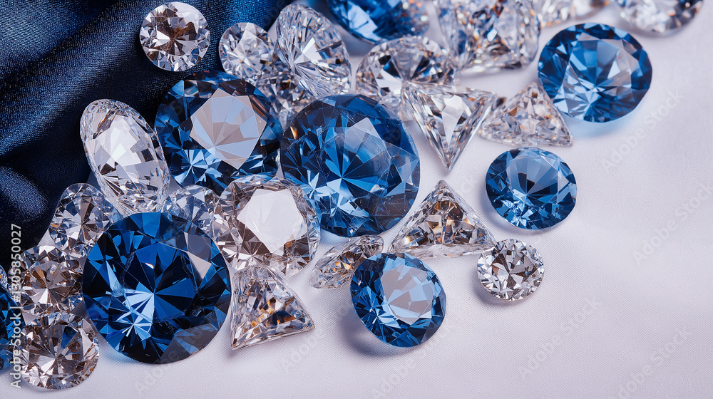 Sparkling Jewels: A captivating display of dazzling blue sapphires and radiant diamonds glitters, catching the light, suggesting opulence and timeless beauty. Sparkling Jewels: A captivating display of dazzling blue sapphires and radiant diamonds glitters, catching the light, suggesting opulence and timeless beauty.